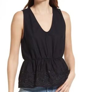Treasure & Bond Embroidered V-Neck Peplum Top | Black | Size Medium